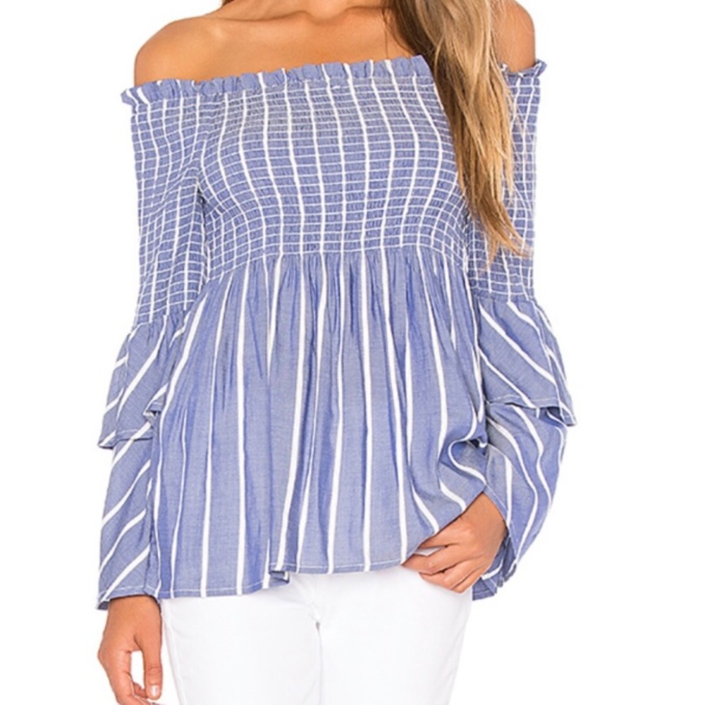 Bardot Nuno Shirred Striped Off-The-Shoulder Top